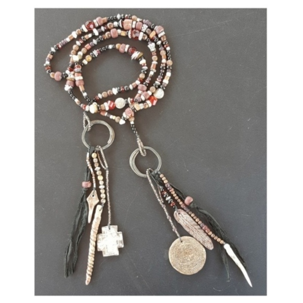 Rustic Scarlet Blush Beaded Lariat Necklace